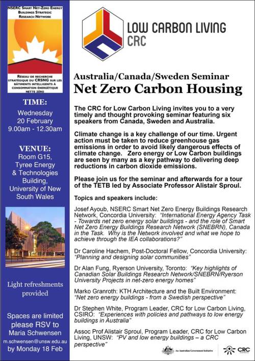 Invitation to Australia/Canada/Sweden Seminar on Net Zero Carbon Housing